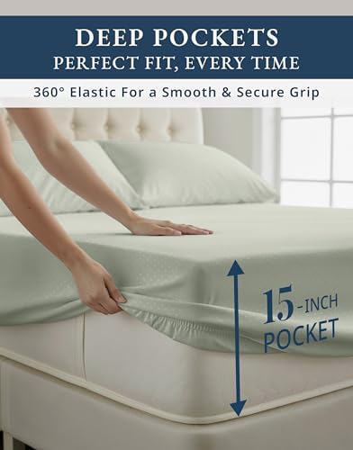 LANE LINEN King Size Sheets Deep Pocket Set Sateen - Mineral Swiss Dot
