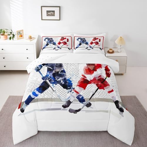 Erosebridal Hockey Bedding Comforter Sets 3pcs for Kids Boys Teens Ice Hockey Sports Bedding Comforters & Sets Full 3D Hockey Ball Decor Duvet Breathable Quilt with 2 Pillowcase White Bedroom Decor