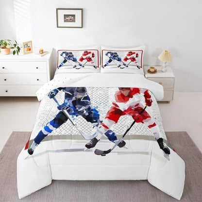 Erosebridal Hockey Bedding Comforter Sets 3pcs for Kids Boys Teens Ice Hockey Sports Bedding Comforters & Sets Full 3D Hockey Ball Decor Duvet Breathable Quilt with 2 Pillowcase White Bedroom Decor