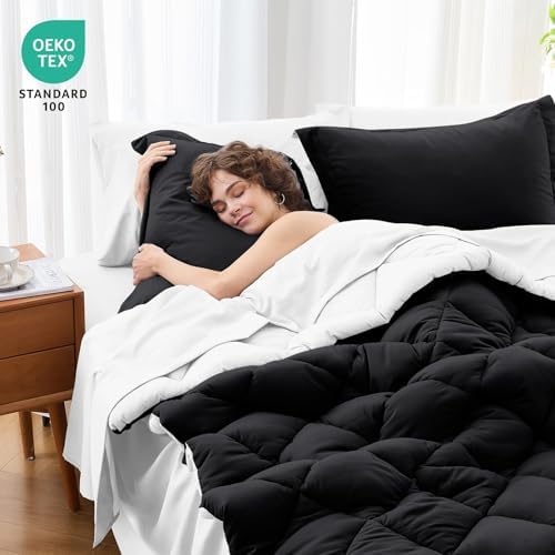 MUXHOMO 5 Pieces Twin Comforter Set, Reversible Bed in a Bag Twin Size, All Season Bedding Set with Comforter, Flat Sheet, Fitted Sheet, Pillowcases & Shams, Black & White