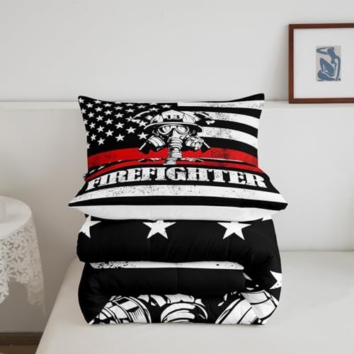 Manfei Firefighter Comforter Set King Size, American Flag Quilt Set with 2 Pillowcases, Firefighting Theme Bedding Set 3pcs for Kids Boys Teens Bedroom Decor Black White Red Duvet Insert