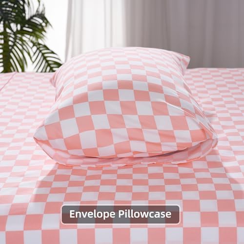 Best Season Bed Sheet Set 4 Piece -Full Size-Soft Durable Microfiber Bedding Sheet Set,Deep Pocket,Stain,Fade & Wrinkle Resistant Green and White Checkerboard Grid(Plaid Coral&White)