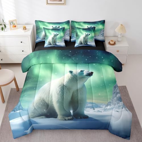 Erosebridal Polar Bear Bedding Set Full,3D Polar Bear Comforter Set,Arctic Wildlife Animal(Comforter+Fitted+Flat Sheet+2 Pillowcases+2 Throw Pillow Covers) 7 Pieces Northern Lights Bed Set