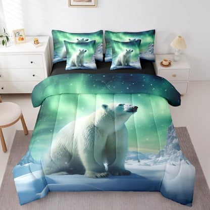 Erosebridal Polar Bear Bedding Set Full,3D Polar Bear Comforter Set,Arctic Wildlife Animal(Comforter+Fitted+Flat Sheet+2 Pillowcases+2 Throw Pillow Covers) 7 Pieces Northern Lights Bed Set