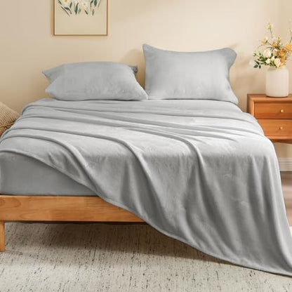 BEDELITE Flannel Sheets Full Size, Light Grey, 4 Pieces
