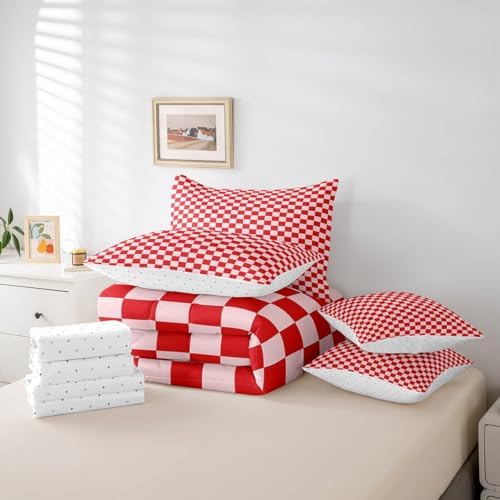 jejeloiu Red Pink Bedding Set 7Pcs Queen Size Kids Checkered Grid Comforter Set with Sheets for Boys Girls Classic Plaid Buffalo Check Bed in a Bag Soft Lightweight,Microfiber