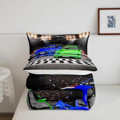 Feelyou Sports Car Comforter Full Size Decor Green Blue Race Car Comforter Set for Kids Boys Racing Car Bedding Set Extreme Sports Competitive Quilt Set Room Decorations
