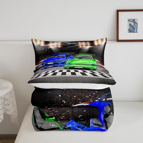 Feelyou Sports Car Comforter Toddler Size Decor Green Blue Race Car Comforter Set for Kids Boys Racing Car Bedding Set Extreme Sports Competitive Quilt Set Room Decorations