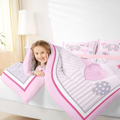 Homewish Girls Cute Elephant Twin Size Comforter Set,Kids Balloon and Butterfly Decor All Season Bedding Set,Teens Geometric Comforter,Children Lovely Animals Decor Quilt Set Bedroom Collection 2Pcs