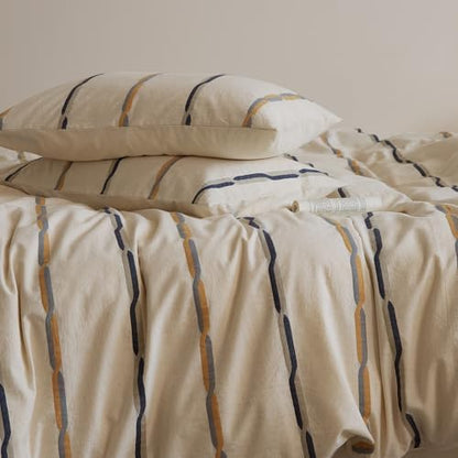mixinni Cotton Linen Jacquard Duvet Cover Set King, 3-Piece Mid-Century Modern Bedding, Vintage Striped Bohemian Duvet Cover with 2 Pillowcases, All-Season Breathable Comforter Cover-King Size