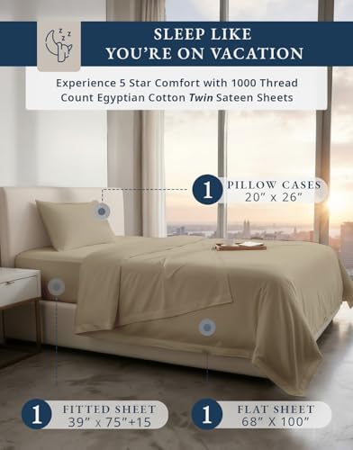 LANE LINEN Twin Mattress Sheets 100% Egyptian Cotton Sateen - Taupe