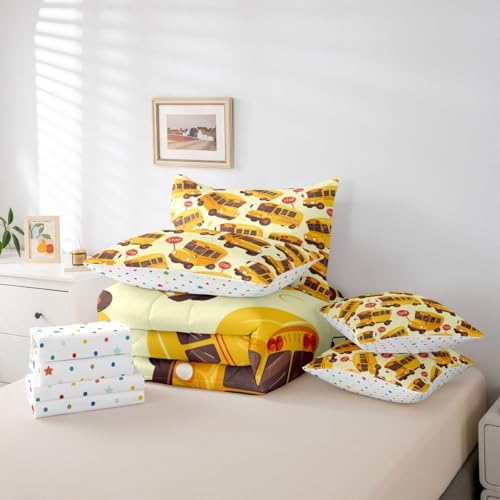 Erosebridal School Bus Twin 7 Pieces Bedding Set for Kids, Cartoon Truck Bed in A Bag for Boys Girls Teens Youth Bedroom Decor, School Theme Comforter Set with Sheets, Yellow Vehicle Bed Sets