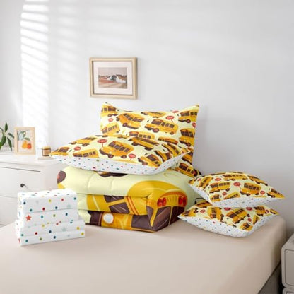 Erosebridal School Bus Twin 7 Pieces Bedding Set for Kids, Cartoon Truck Bed in A Bag for Boys Girls Teens Youth Bedroom Decor, School Theme Comforter Set with Sheets, Yellow Vehicle Bed Sets