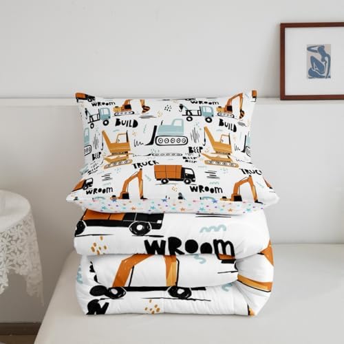 Feelyou Kids Cartoon Excavator Bedding Set Boys Vehicles Truck Car Comforter Child Cute Building Equipment Comforter Set Funny Construction Transport Duvet Set Colorful Room Decor Twin Size Boys