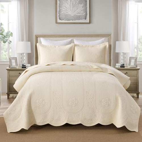 Cotton Floral Embroidery Bedspread Quilt Set (Tu Beige,King (114"x102"))