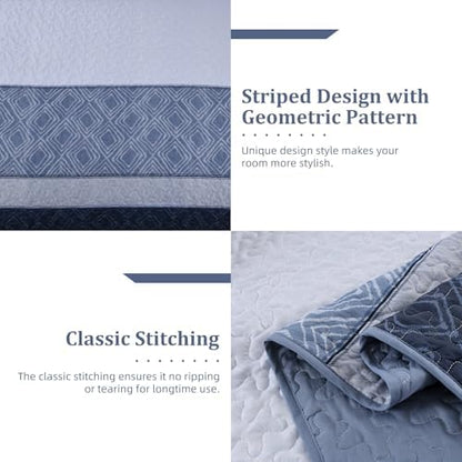 Cottolester Full Size Quilt,3 Pcs Mineral Blue Striped Plaid Bedspread
