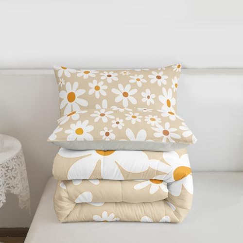 jejeloiu Retro Daisy Farmhouse Bedding Set for Boys Girls, Cute Daisy Comforter Set Toddler Size Cute Flower Duvet Quilt Microfiber Floral Botanical Pattern Bedroom Decor 2 Pcs with 1 Pillow Cases