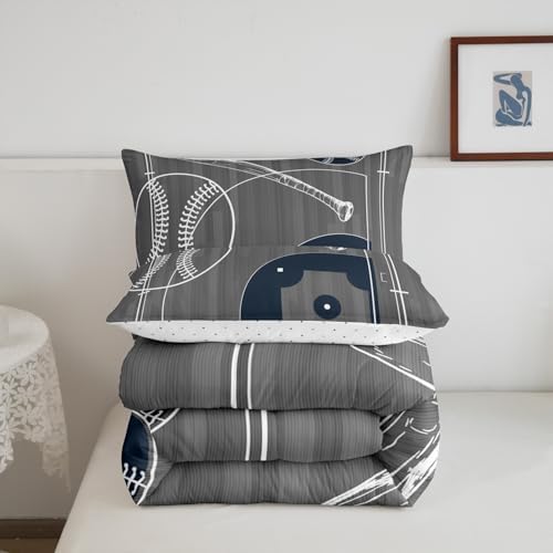 Erosebridal Boys Baseball Queen Size Comforter Set for Kids Child Sports Theme Bedding Set, Ball Gamer Down Comforter Polka Dots Printed Reversible Bed Set, Grey Quilted Duvet