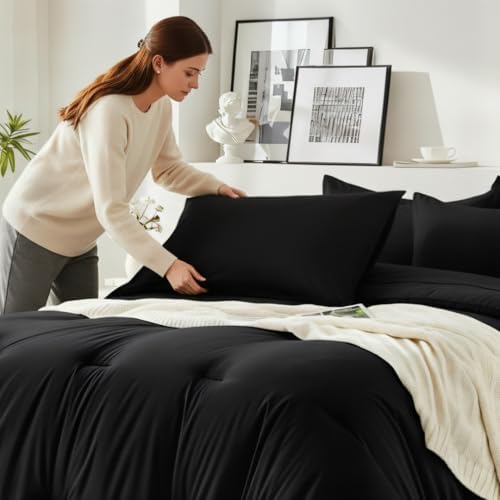 Oversized King Comforter Set 7 Pieces - Ultra-Soft Bed in a Bag, Cozy Luxury All Season Bedding Sets with Comforter, Flat Sheet, Fitted Sheet, 2 Pillow Shams & 2 Pillowcases, Black