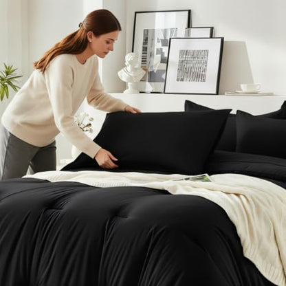 Oversized King Comforter Set 7 Pieces - Ultra-Soft Bed in a Bag, Cozy Luxury All Season Bedding Sets with Comforter, Flat Sheet, Fitted Sheet, 2 Pillow Shams & 2 Pillowcases, Black