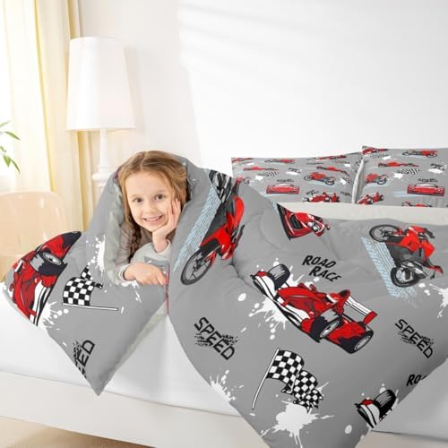 Erosebridal Red Grey Race Car Bedding Set Kids Sports Car Comforter Set Twin,Speed Racing Car Bedding for Boys Girls Extreme Sport Games Duvet Insert Dirt Bike Motocross Bed Set Lightweight Decor