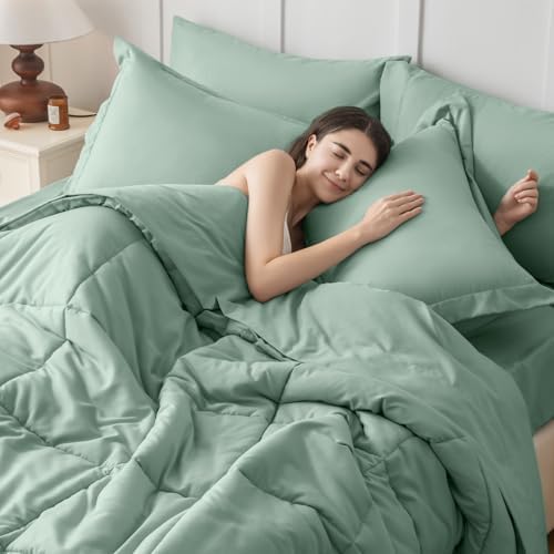 JOLLYVOGUE Full Comforter Set, Ultra-Soft Bed in a Bag Full Size 7 Pieces, Oeko-TEX Certified Bedding Set with Down Alternative Comforter, Sheets, Pillowcases & Shams, Sage Green