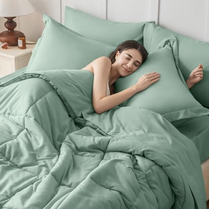 JOLLYVOGUE King Comforter Set, Ultra-Soft Bed in a Bag King Size 7 Pieces, Oeko-TEX Certified Bedding Set with Down Alternative Comforter, Sheets, Pillowcases & Shams, Sage Green