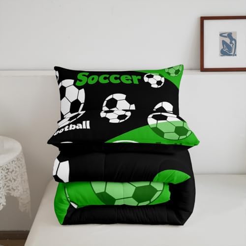 Manfei Boys Soccer Comforter Set King Size, Football Gaming Bedding Set 3pcs, Sports Theme Green Black Down Comforter All Season, Kids Teens Adult Room Decor, Soft and Lightweight, 2 Pillowcases