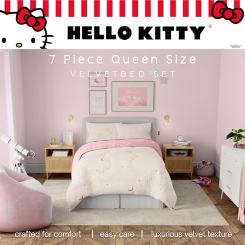 Lux Hello Kitty Velvet Bedding 7 Piece Super Soft Cozy Reversible Comforter and Sheet Set with Sham & Tote Bag, Queen, (Officially Licensed Product) By Franco