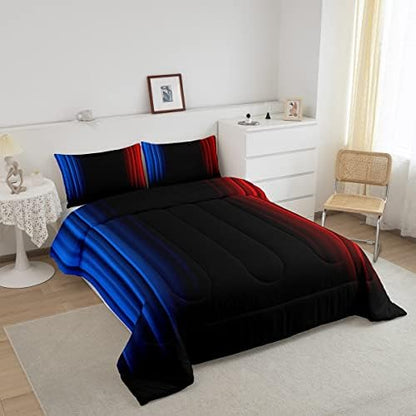 Feelyou Geometric Ombre Teens Comforter Set Kids Boys Women Blue Red and Black Bedding Set Decor Modern Stripes Comforter 3Pcs King Size
