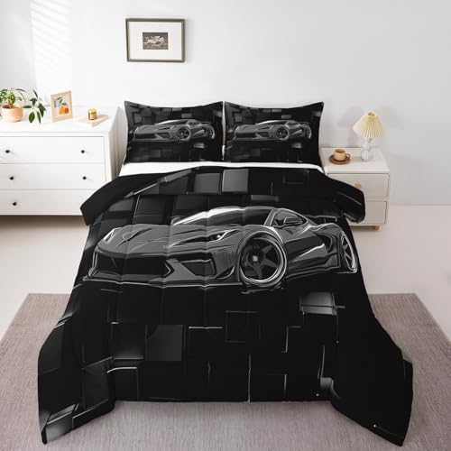 Erosebridal Cool Car Bedding Set Toddler Size Grey Racing Car Comforter Set 2 Pieces Modern Abstract Geometric Checkered Bedding Comforter Sets Speed Sports Car Down Comforter Teens Bedroom Decor