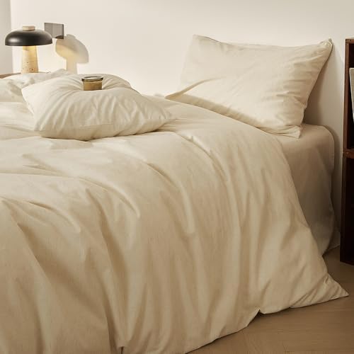 mixinni 3 Piece Washed Cotton Linen Blend Duvet Cover Set King Size, Soft Breathable Farmhouse Beige Neutral Solid Duvet Cover with Natural Linen Texture, 104x90 inches with 2 Pillowcases