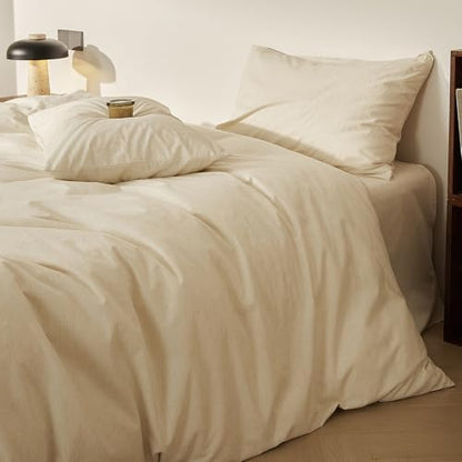 mixinni 3 Piece Washed Cotton Linen Blend Duvet Cover Set King Size, Soft Breathable Farmhouse Beige Neutral Solid Duvet Cover with Natural Linen Texture, 104x90 inches with 2 Pillowcases