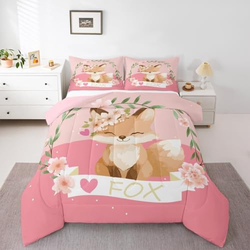 Feelyou Girls Cartoon Fox Comforter Set Cute Fox Bedding Set for Kids Boys Girls Kawaii Animal Duvet Set Botanical Floral Comforter 1 Comforter Set with 2 Pillowcases Queen Size