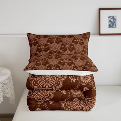Feelyou Brown Gothic Damask Floral Comforter Set King Size Bedding Set
