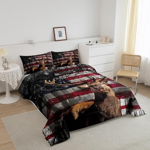 Manfei 3D Deer Comforter Set Full Size American Flag Bedding Set 3pcs for Kids Boys Teens Room Decor, Wildlife Animal Elk Print Quilt Set Stars and Stripes Duvet Insert with 2 Pillowcases