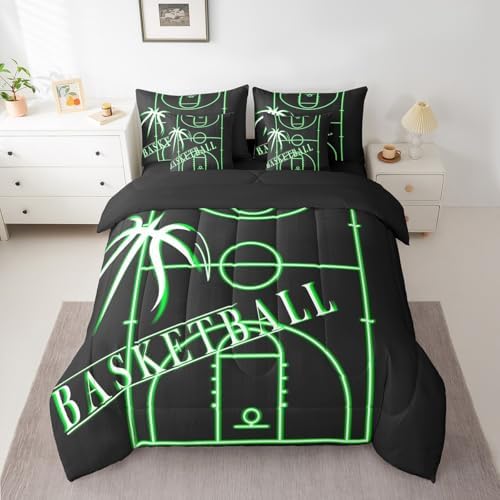 Boys Basketball Full Comforter Set 7Pcsfor Kids Teens Black Green Bedding Comforter Sets, Sports Gaming Bed in a Bag Green Basketball Court Bedding Set, Ball Game Bed Sheets Set Super Cozy