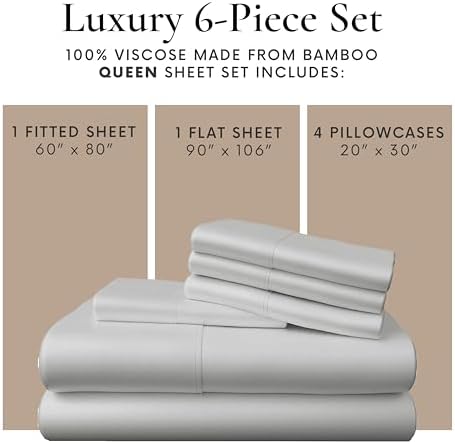 Bamboo Bay 6 Piece Queen Size Sheet Set, 100% Viscose Made from Bamboo, Breathable, Ultra Soft Cooling Bed Sheets for Hot Sleepers, Beddings with Deep Pockets Fit 16" Mattress, Light Grey