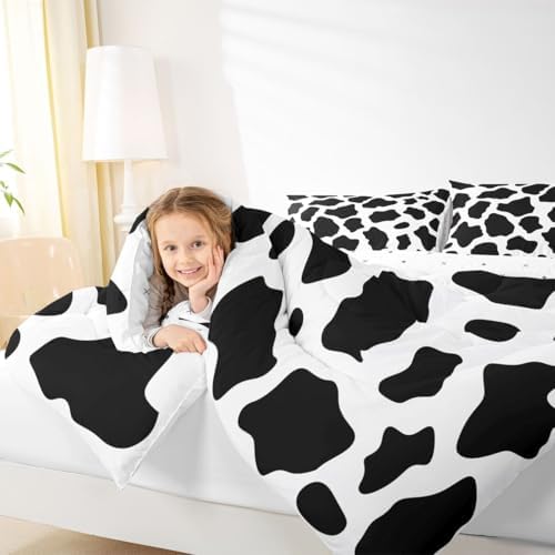 jejeloiu Cow Fur Print Bedding Set Soft for Boys Girls, Animal Skin Comforter Set Toddler Size Cowhide Duvet Quilt Microfiber Bedroom Decor 2 Pcs with 1 Pillow Cases