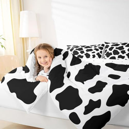 jejeloiu Cow Fur Print Bedding Set Soft for Boys Girls, Animal Skin Comforter Set Toddler Size Cowhide Duvet Quilt Microfiber Bedroom Decor 2 Pcs with 1 Pillow Cases