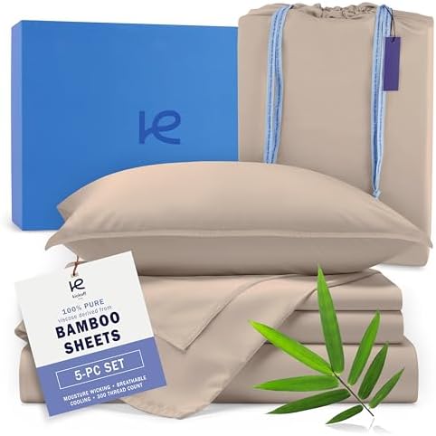 Kickoff Viscose Bamboo Sheets Split King Size 5-pc 100% Organic Bamboo Viscose Bed Cooling Sheets Split King Size Set Cool Bedding for hot Sleepers Sheet Set - Gift Ready Packaging (Taupe Latte, SK)