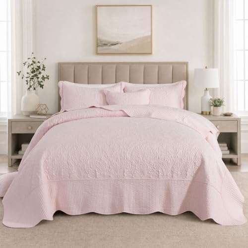 HoneiLife California King Quilt - 5-Piece Cal King Quilt Sets, Oversized King Bedspreads 128x120, Rustic Bedding Sets King Size,Reversible Coverlets Lightweight Bed Cover for All Season Use-Light Pink