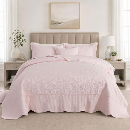 HoneiLife California King Quilt - 5-Piece Cal King Quilt Sets, Oversized King Bedspreads 128x120, Rustic Bedding Sets King Size,Reversible Coverlets Lightweight Bed Cover for All Season Use-Light Pink