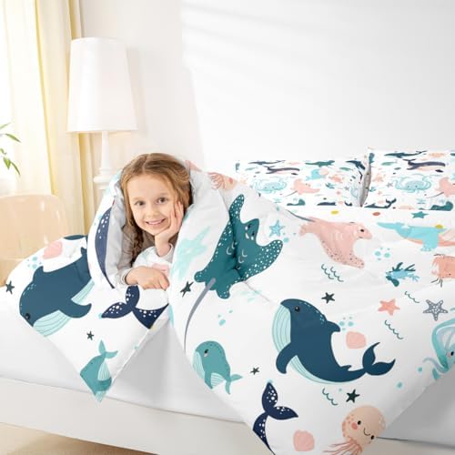 Kawaii Whale Comforter Set Cute Dolphin Bedding Set For Kids Boys Girls Queen Cartoon Crab Jellyfish Octopus Bedding Comforter Sets Underwater World Quilt Duvet Ocean Animal Theme Bedroom Decor 3 Pcs