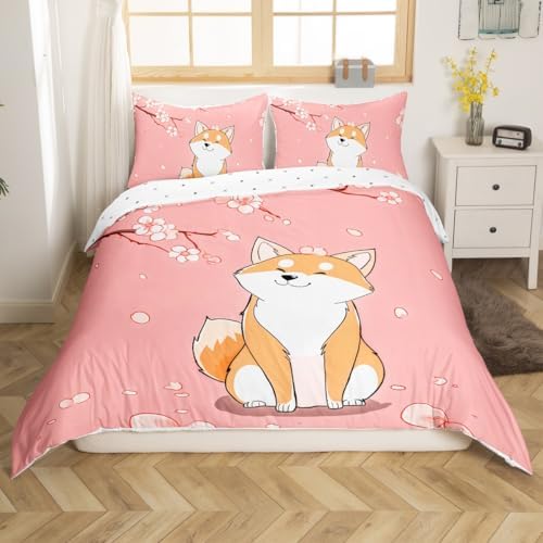 Feelyou Kids Cute Corgi Duvet Cover Full Size Cherry Blossoms Bedding Set Boys Girls Kawaii Dog Animal Pattern Sakura Flower Comforter Cover Set Japanese Style Pattern Bedspread Cover（No Comforter