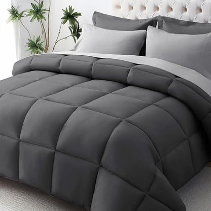 JOLLYVOGUE Oversized Queen Comforter Set, Ultra-Soft Bed in a Bag 7 Pieces, Oeko-TEX Certified Bedding Set with Down Alternative Comforter, Sheets, Pillowcases & Shams, Dark & Light Grey