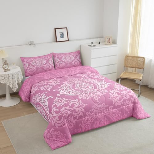 Feelyou Pink Gothic Damask Floral Comforter Set King Size Bedding Set