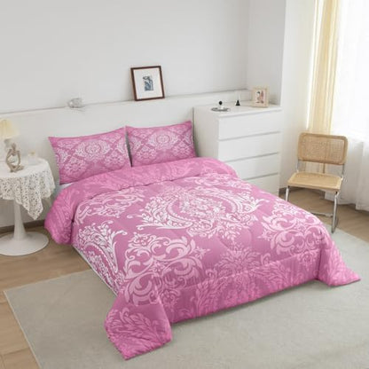 Feelyou Pink Gothic Damask Floral Comforter Set King Size Bedding Set