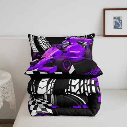Go Kart Toddler Race Car Bed for Boys,Black and White Buffalo Plaid Drift Kart Comforter Set Toddler Bedding Sets for Boys,Square Grid Lattice Quilt,Purple Karting Extreme Sport Duvet Insert King