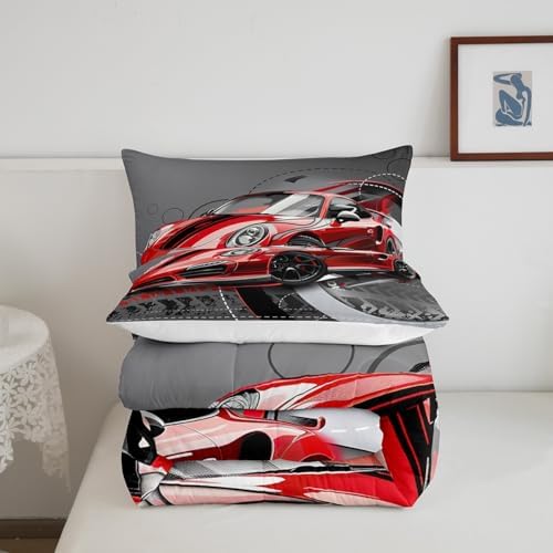 Feelyou Red Race Car Comforter Set Sports Car Bedding Set for Kids Boys Girls Extreme Sport Theme Gorgeous Duvet Set Cool Speed Automobile Decor Quilt Set with 2 Pillowcases 3Pcs Bedding Full